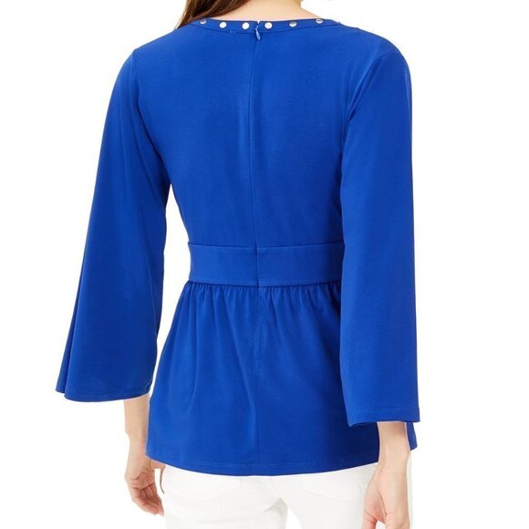 𝅺a132 Michael Kors Blue Embellished V-Neck Top - L - Picture 2 of 3